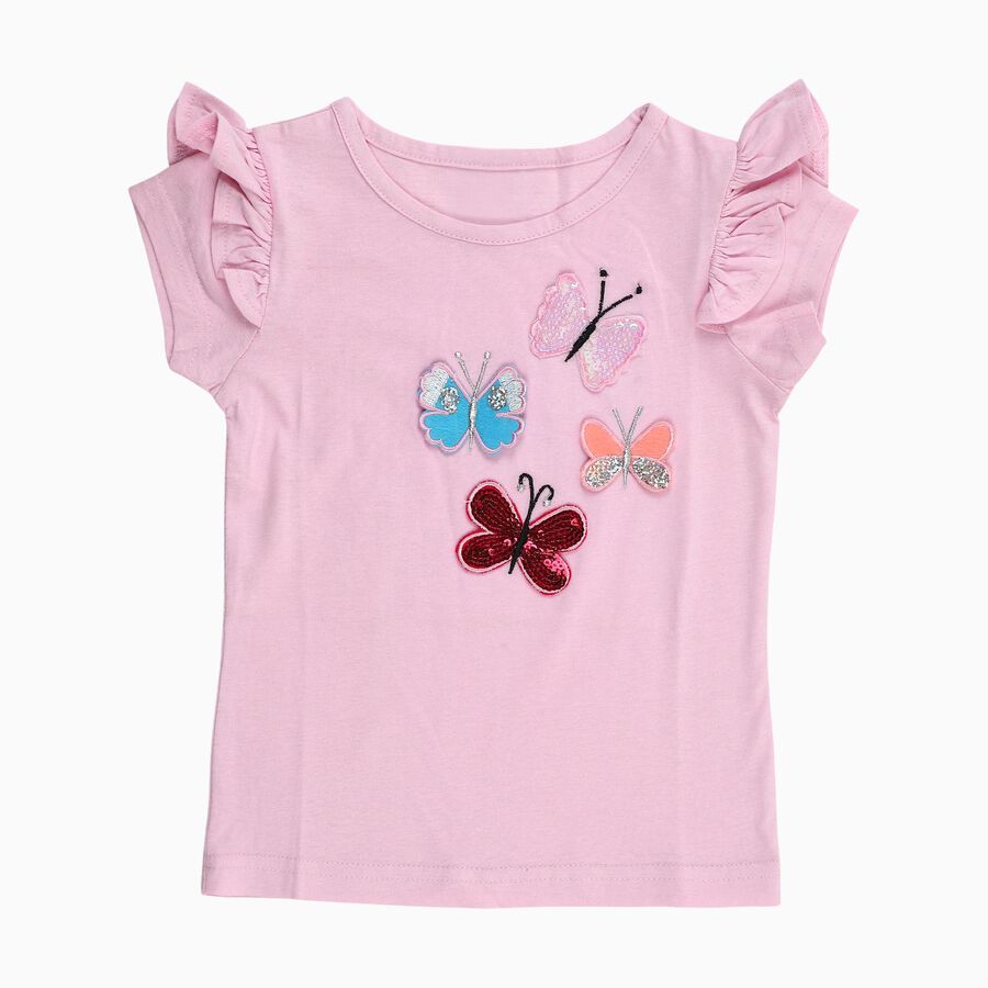 Girls Light Pink Cotton Round Neck Casual T-Shirt, Pink, large