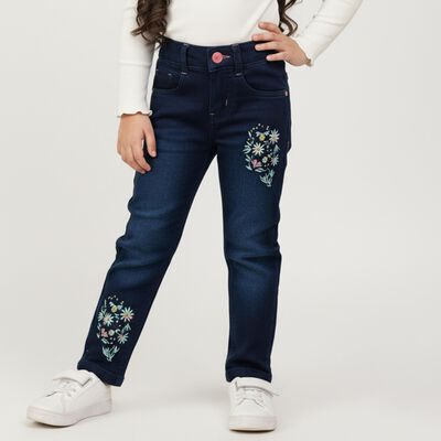 Girls' Dark Blue Slim Fit Embroidered Jeans