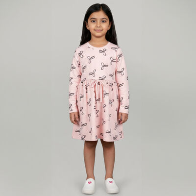 Girls' Soft Pink Bow Print A-Line Frock