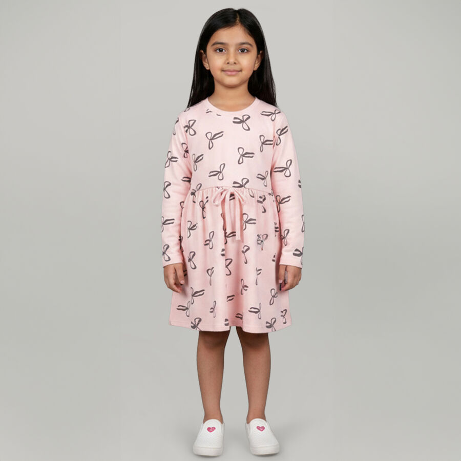 Girls' Soft Pink Bow Print A-Line Frock, Light Pink, large image number null