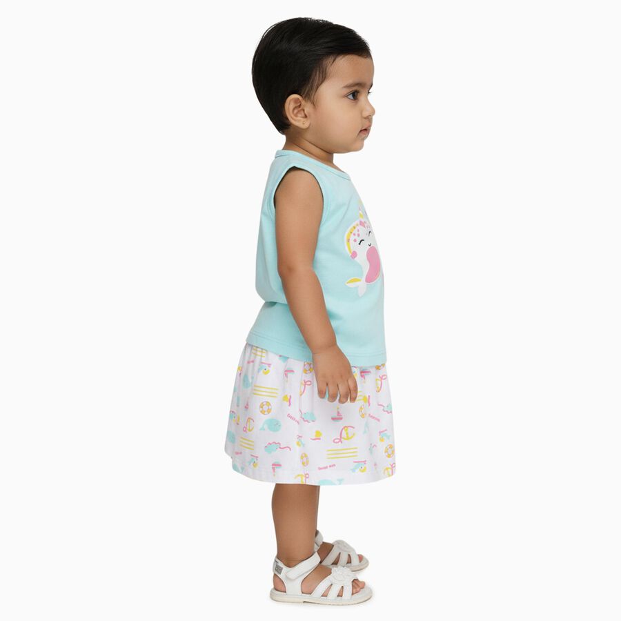 Infants Pastel Blue Cotton Sleeveless Top and Printed Skirt Set, एक्वा, large