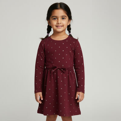 Girls' Deep Burgundy Metallic Star Printed A-Line Frock