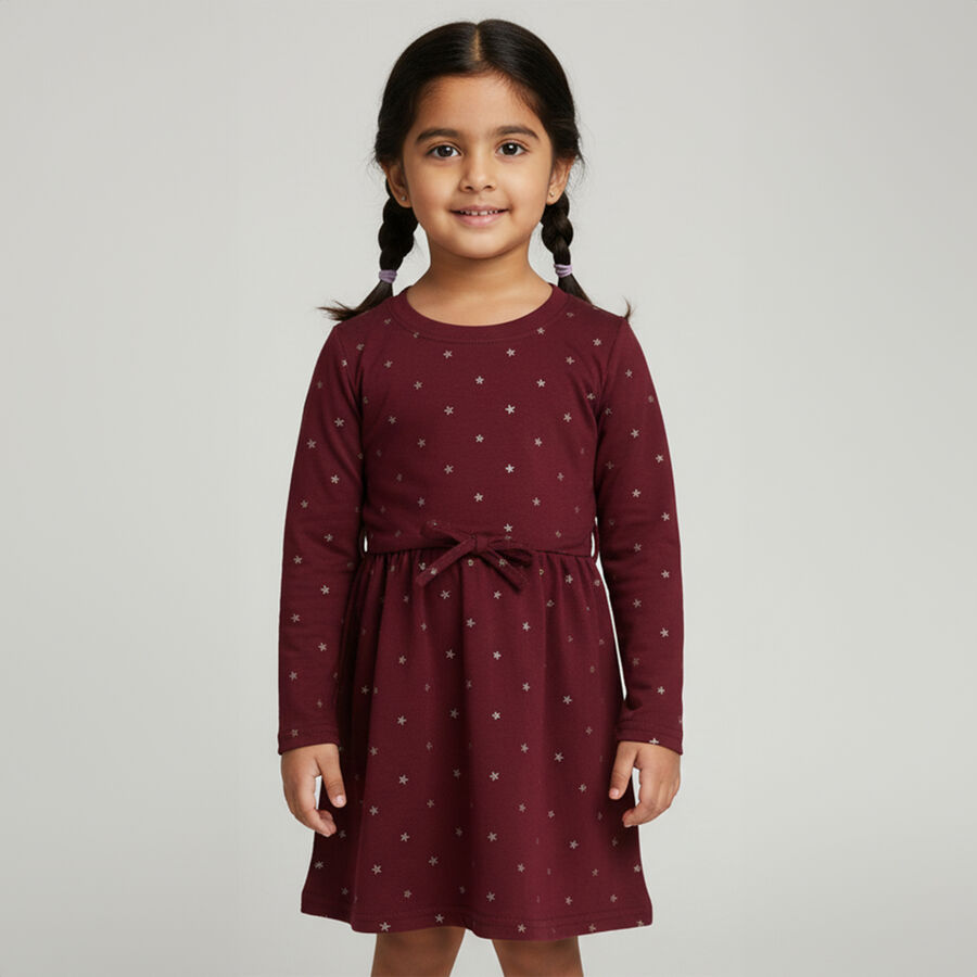 Girls' Deep Burgundy Metallic Star Printed A-Line Frock, वाइन, large image number null