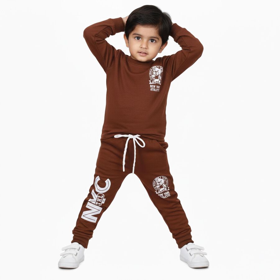 Boys' Rich Chocolate Brown Graphic Printed Pyjama, मरून, large image number null