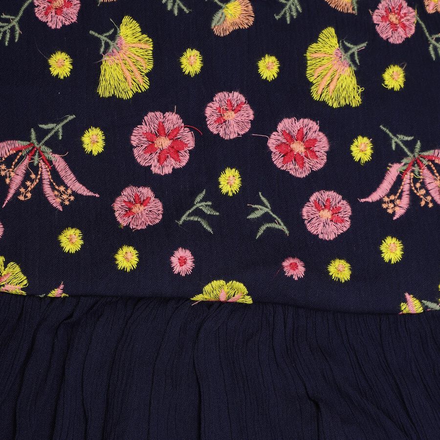 Girls' Deep Midnight Navy Blue Cotton Embroidered Top and Pink Pants Fusion Set, नेवी ब्लू, large image number null