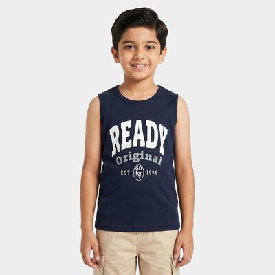 Boys Navy Blue Cotton Blend Round Neck Regular T-Shirt
