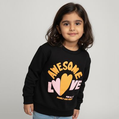 Girls Jet Black Crew Neck Casual Sweatshirt