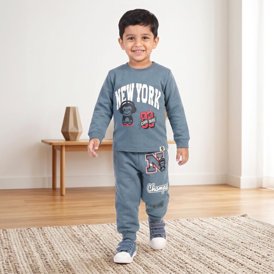 Boys Blue Crew Neck Graphic Print Baba Suit, Mid Blue, large