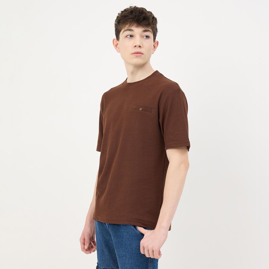Men's Dark Brown Round Neck Casual T-Shirt, भूरा, large