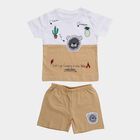 Infants' Beige Cotton Round Neck Printed and Applique Baba Suit, गहरा पीला, small
