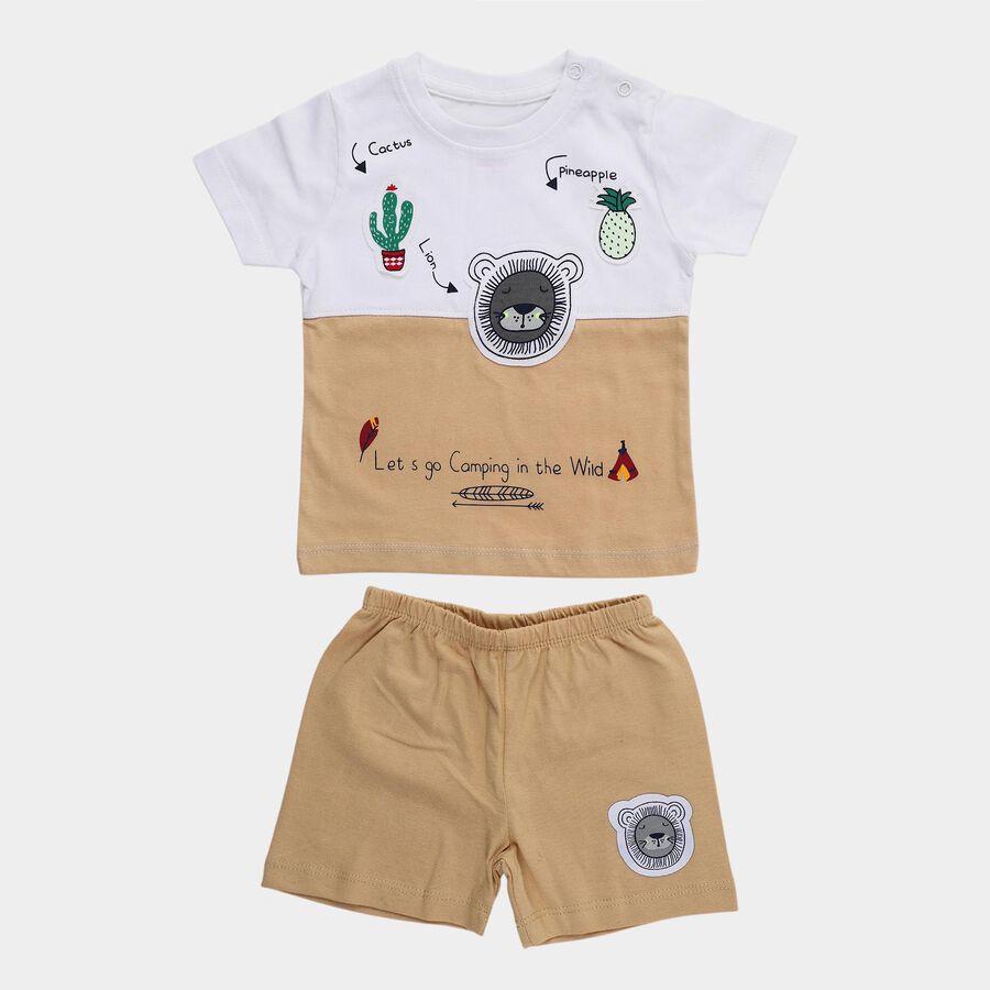 Infants' Beige Cotton Round Neck Printed and Applique Baba Suit, गहरा पीला, large