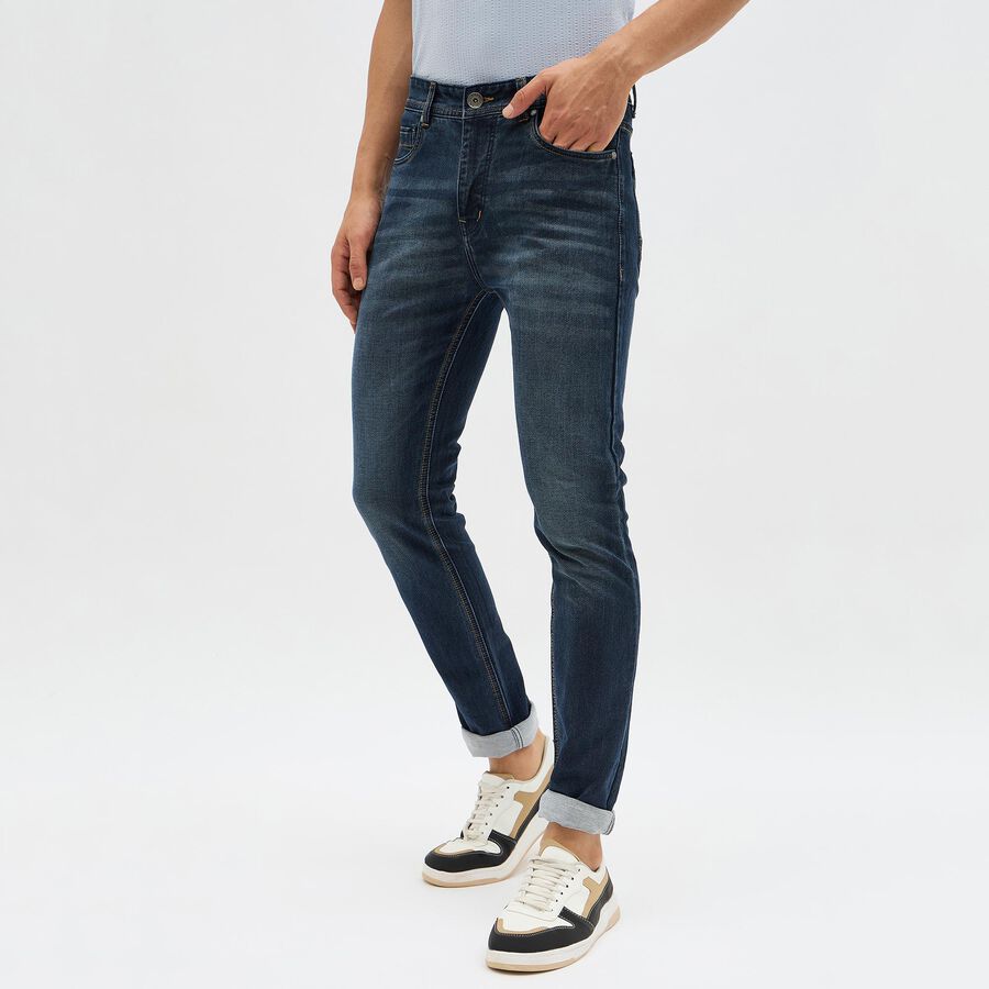 Men's Dark Indigo Slim Fit Whisker Faded Jeans, गहरा नीला, large image number null