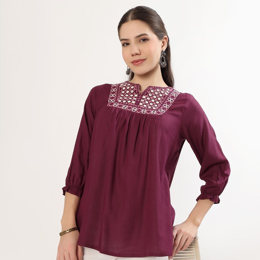 Women's Deep Wine Red Round Neck Embroidered Kurti, Wine, large image number null