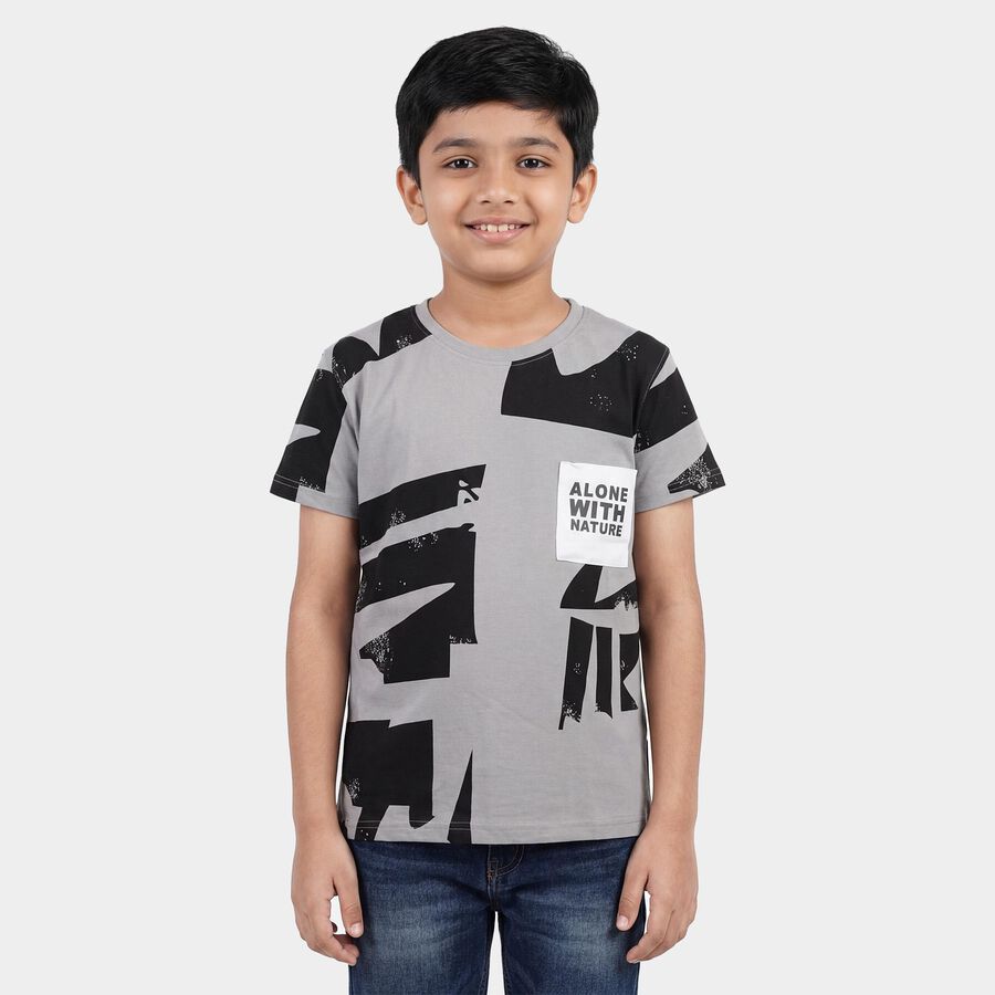 Boys Charcoal Cotton Round Neck Casual Half Sleeve T-Shirt, Charcoal, large