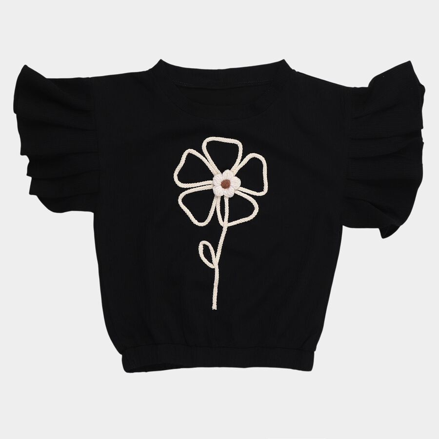 Girls' Jet Black Round Neck Casual T-Shirt, Black, large