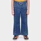 Girls Blue Flared Fit Studded Jeans, मध्यम नीला, small