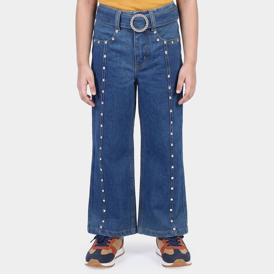 Girls Blue Flared Fit Studded Jeans, मध्यम नीला, large