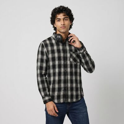 Men's Black Cotton Long Sleeve Collar Regular Fit Casual Shirt