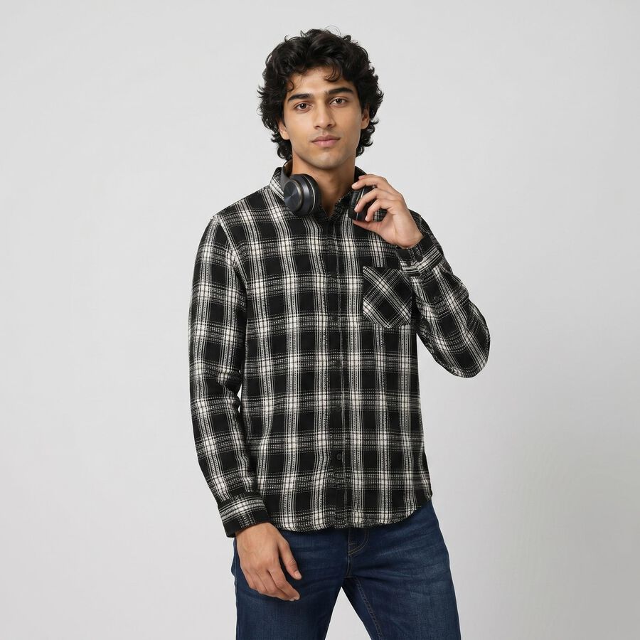 Men's Black Cotton Long Sleeve Collar Regular Fit Casual Shirt, काला, large