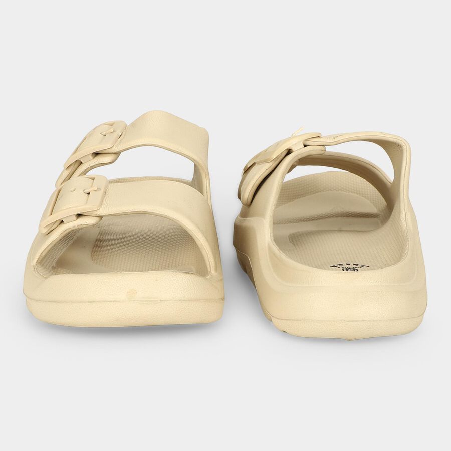 Men's Beige Buckle Strap Slip-On Sliders, गहरा पीला, large