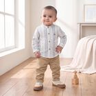 Infants' Teal Blue 100% Cotton Mandarin Collar Striped Baba Suit, टील ब्लू, small