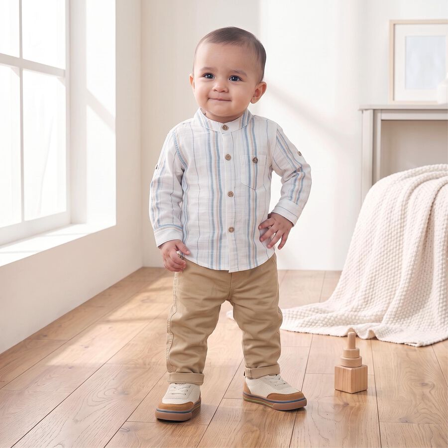 Infants' Teal Blue 100% Cotton Mandarin Collar Striped Baba Suit, टील ब्लू, large