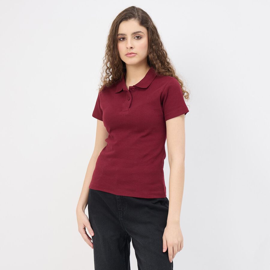 Women's Wine Polo Collar Classic T-Shirt, वाइन, large