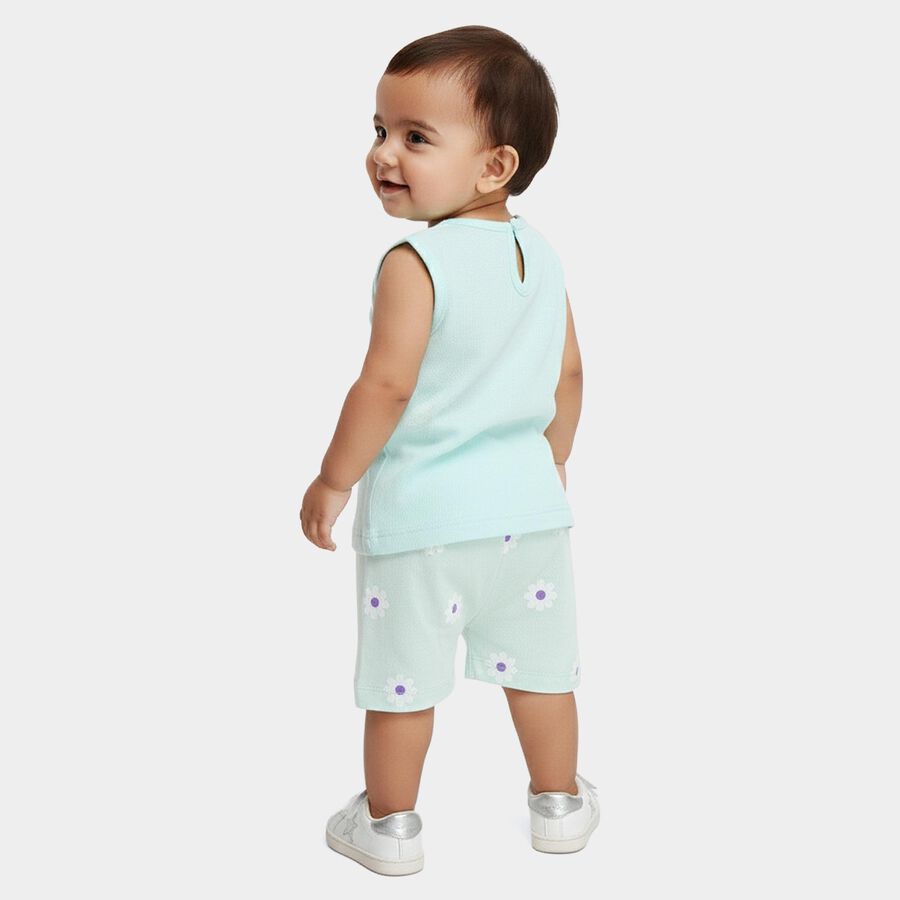 Infants' Mint Green Cotton Round Neck Printed Shorts Set, Light Green, large