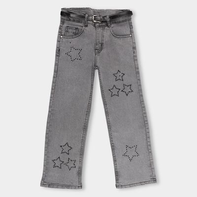 Girls' Muted Charcoal Grey Straight Fit Star Embellished Jeans