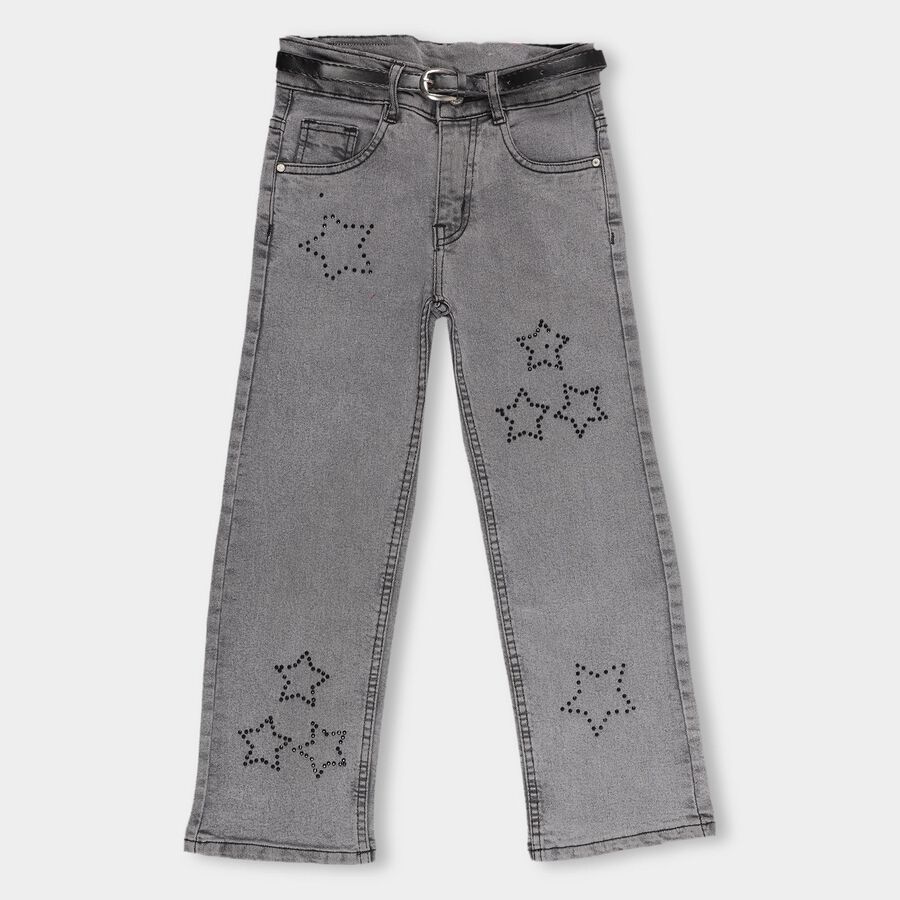 Girls' Muted Charcoal Grey Straight Fit Star Embellished Jeans, काला, large image number null