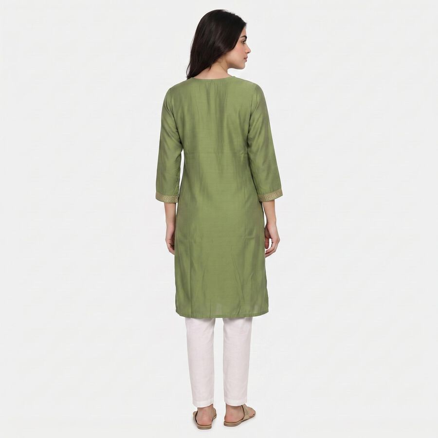 Women's Olive Green Round Neck Embroidered Kurta, हल्का हरा, large