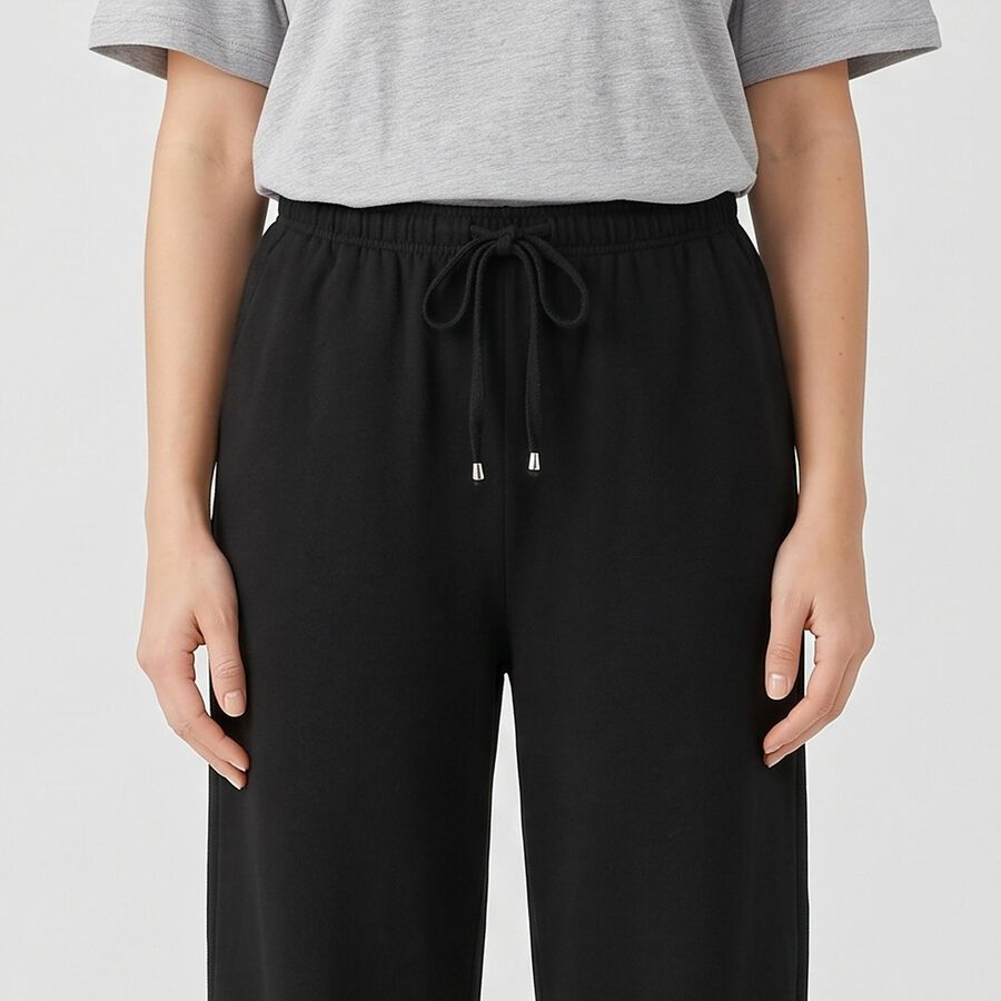 Women's Black Wide Leg Drawstring Track Pants, Black, large