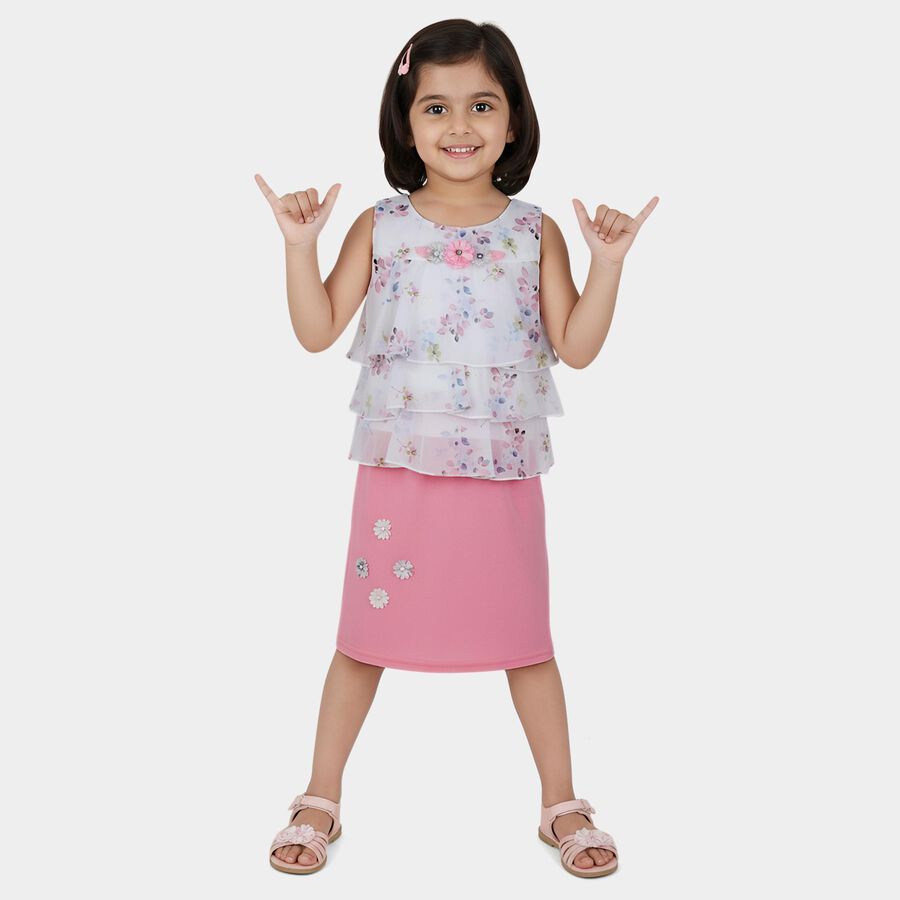 Girls White Floral Sleeveless Top and Pink Skirt Set, Light Pink, large