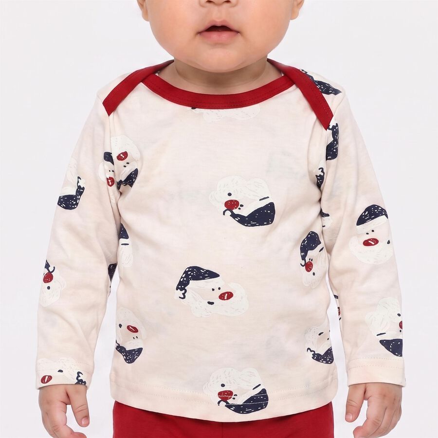 Infants' Beige 100% Cotton Round Neck Printed Baba Suit, Beige, large