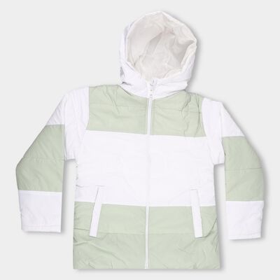 Girls Light Sage Green and White Hooded Casual Jacket