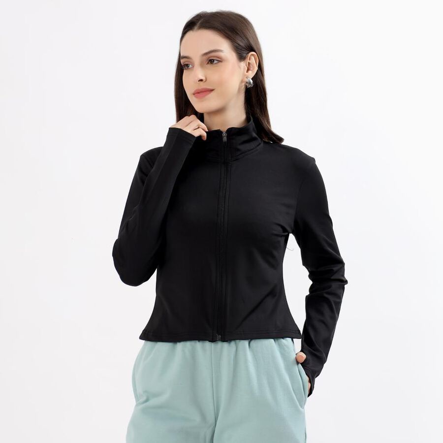 Women's Jet Black High Neck Casual Jacket, काला, large image number null