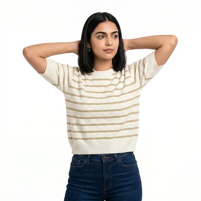 Women's Beige Cotton Round Neck Regular Top