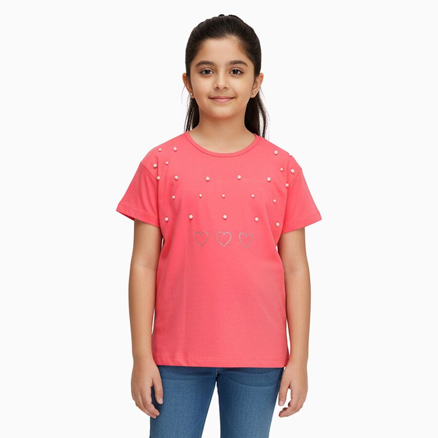 Girls Bright Coral Pink Cotton Round Neck Casual T-Shirt, Pink, large