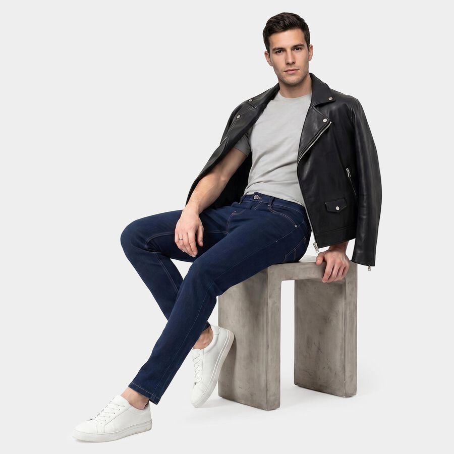 Men's Navy Blue Slim Fit Classic Jeans, गहरा नीला, large