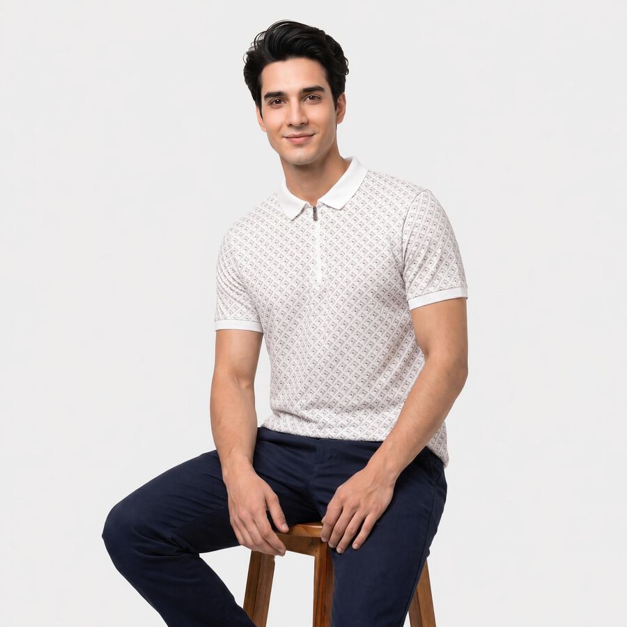Men's White Cotton Polo Neck Printed T-Shirt, White, large