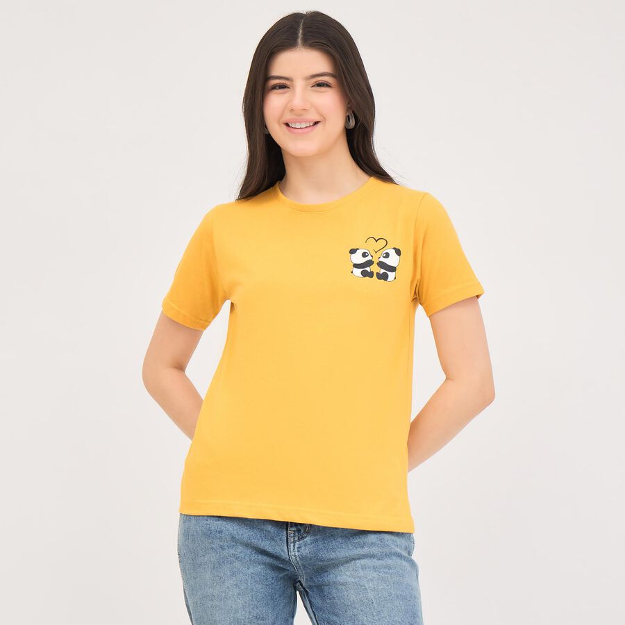 Women's Bright Yellow Round Neck Graphic Print T-Shirt, Mustard, large