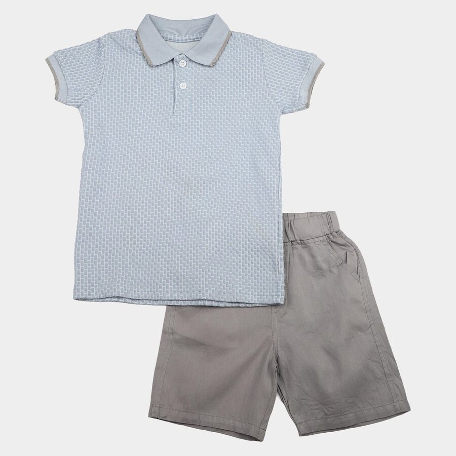 Boys Light Blue Polo Neck Printed Baba Suit, मध्यम नीला, large