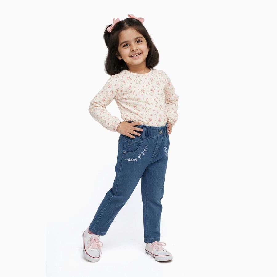 Girls Muted Denim Blue Regular Fit Embroidered Jeans, मध्यम नीला, large