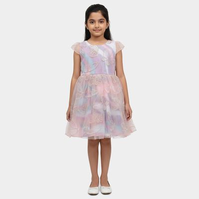 Girls' Lilac Regular Fit Lace Overlay Ruffled Frock