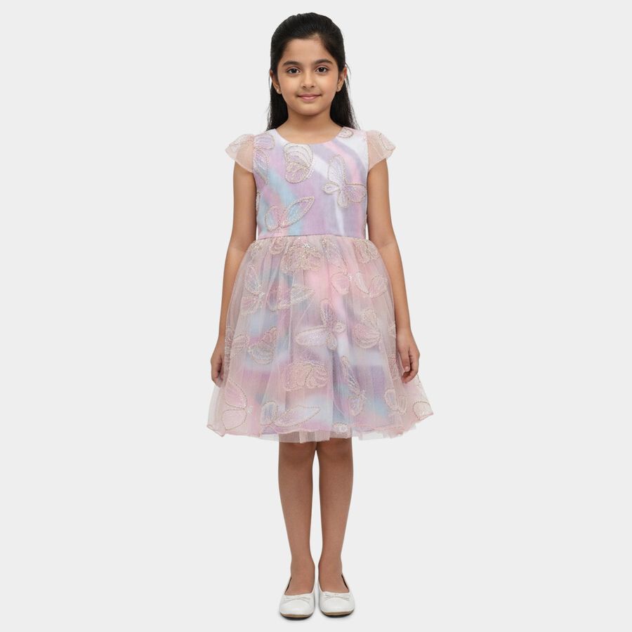 Girls' Lilac Regular Fit Lace Overlay Ruffled Frock, लाइलेक, large