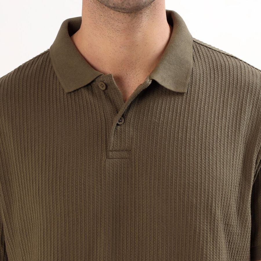 Men's Olive Green Polo Neck Textured T-Shirt, Olive, large