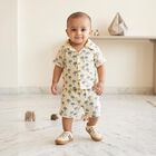 Infants' Cream 100% Cotton Camp Collar Printed Baba Suit, ऑफ व्हाइट, small