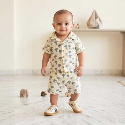 Infants' Cream 100% Cotton Camp Collar Printed Baba Suit