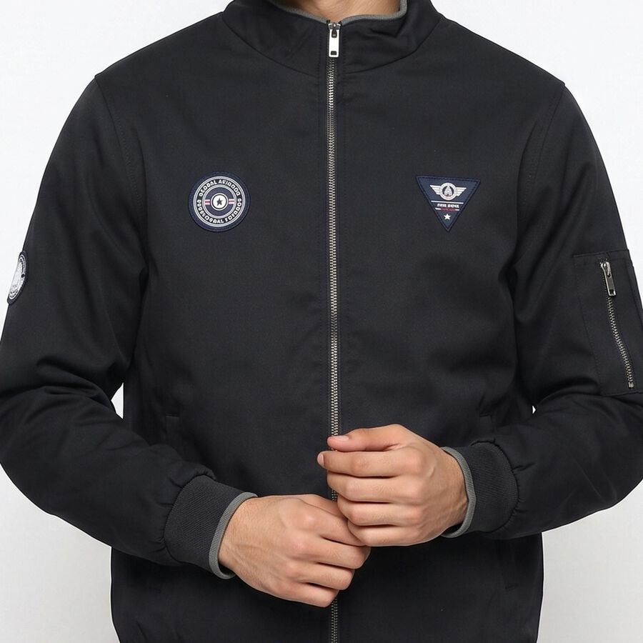 Men's Navy Blue Stand Collar Bomber Jacket, Navy Blue, large