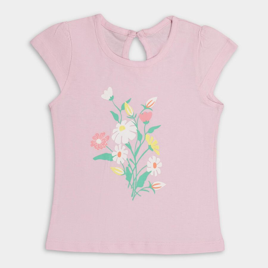 Girls' Light Pink and Peach Cotton Round Neck Floral Print T-Shirt, लाइलेक, large image number null